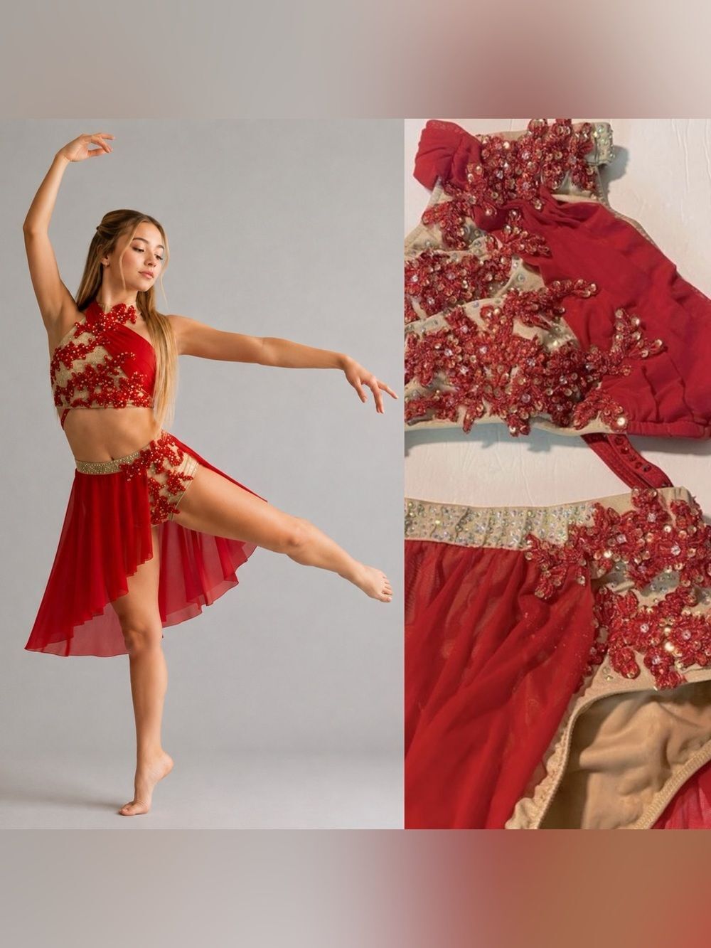 Glamour Solo Dance Costume Red Gold Rhinestone Lyrical Contemporary SA Adult